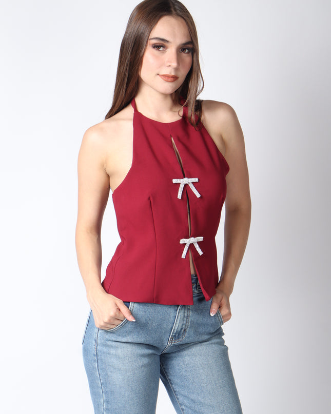 Blusa cuello halter con moños.